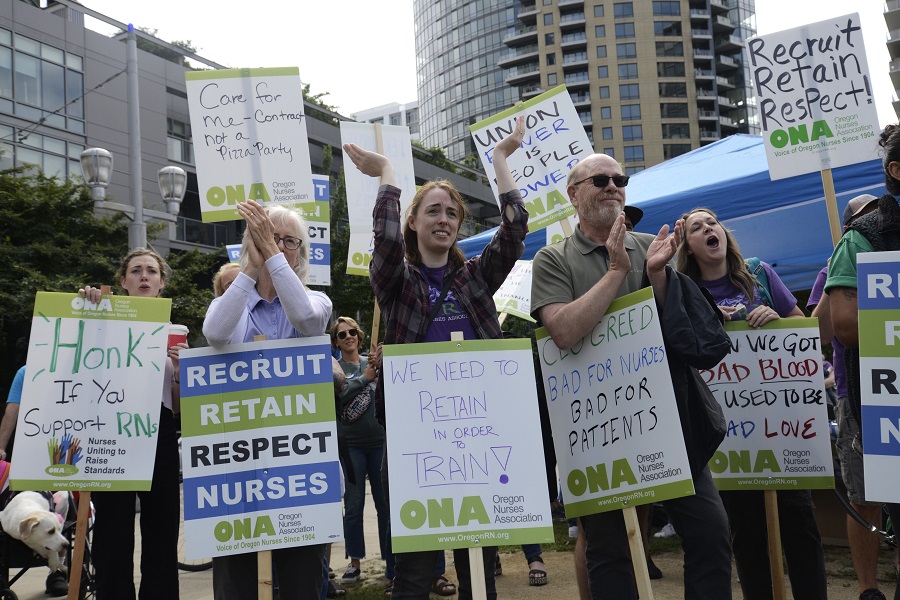 ONA nurses outside OHSU's South Waterfront campus in Portland.